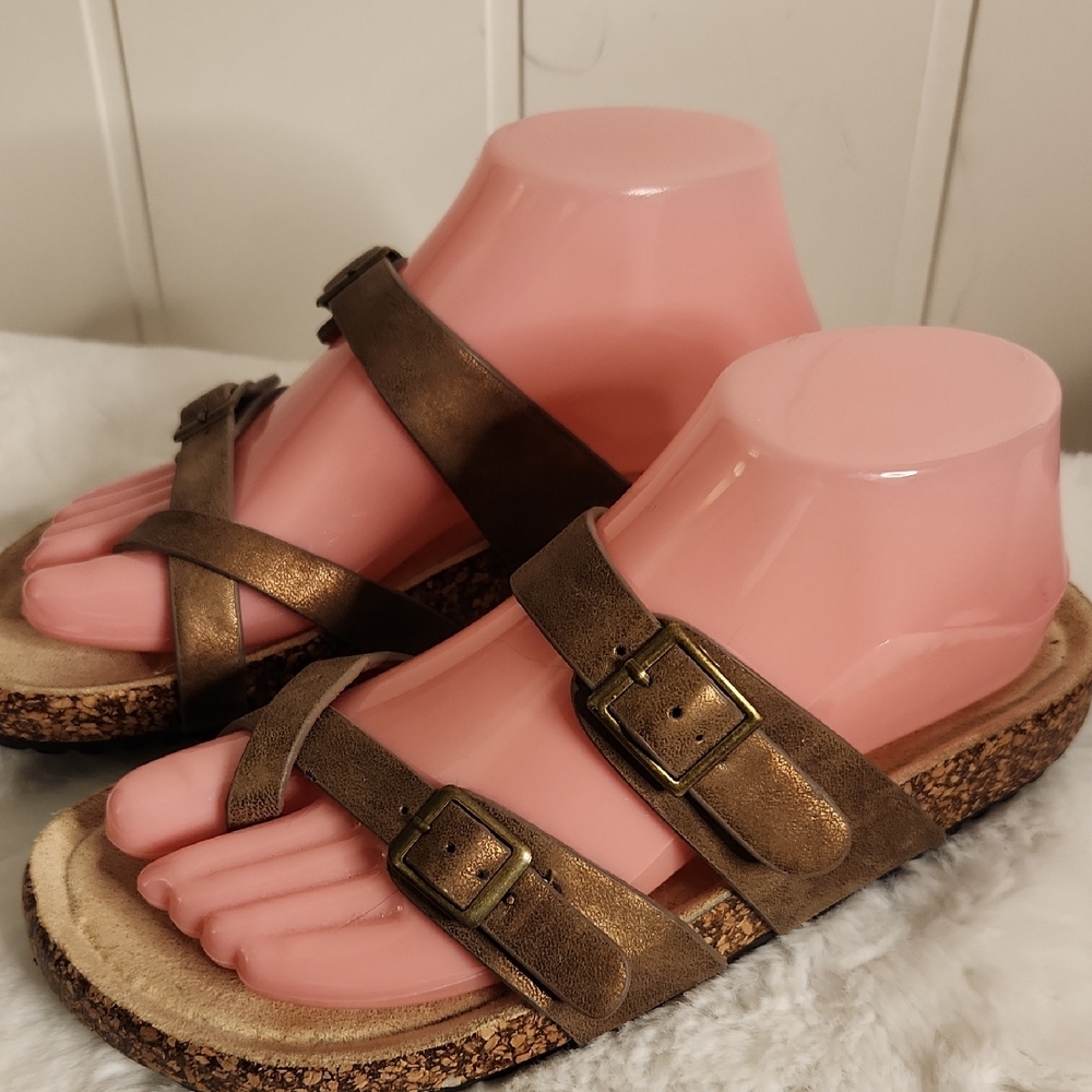 Bronze Buckle Cork Footbed Sandals Size 8